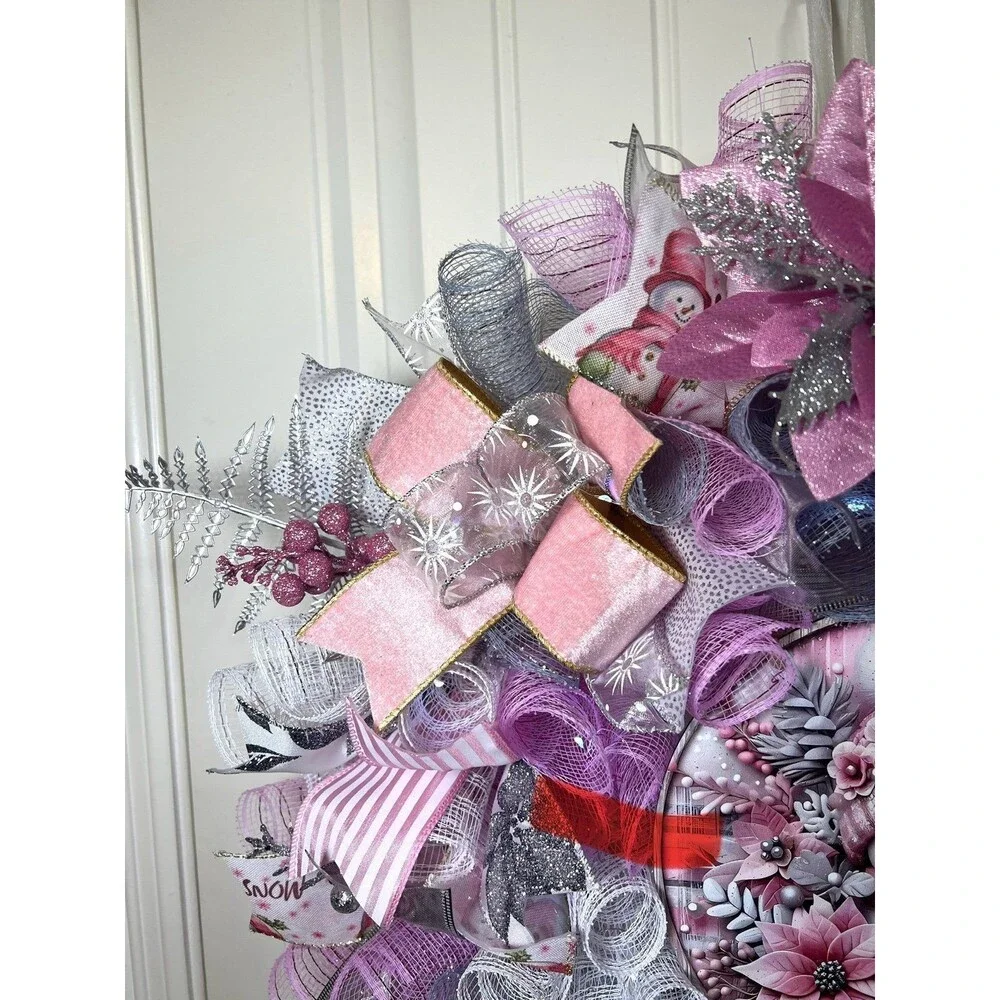 Handmade Pink Winter Snowman Holiday Ribbon Door Wreath 22 ins W80